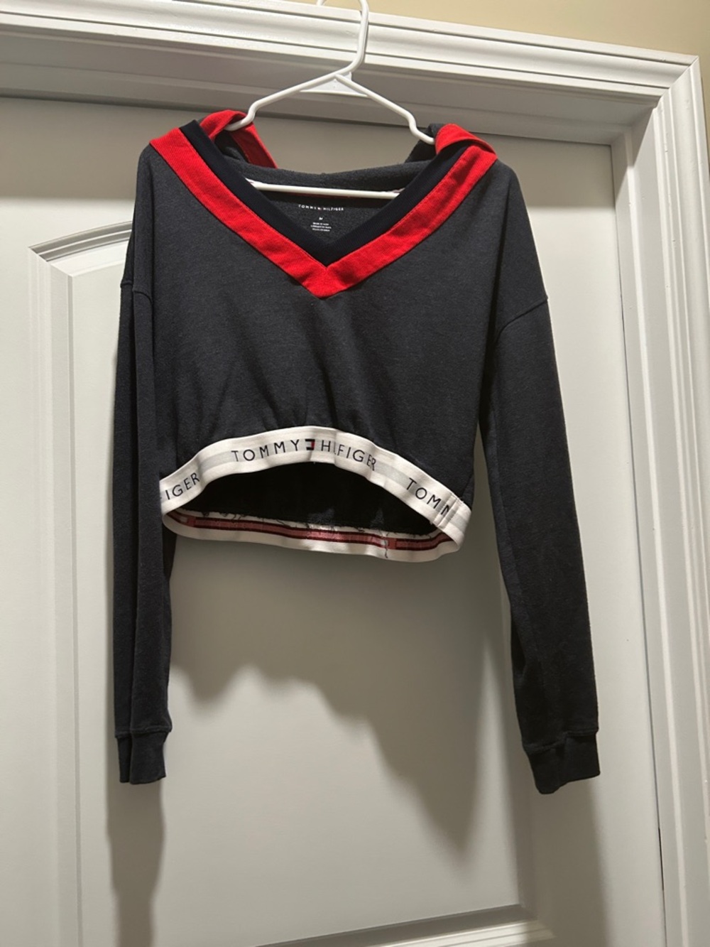 Tommy Hilfiger Dark Gray Cropped Hoodie with Red Trim